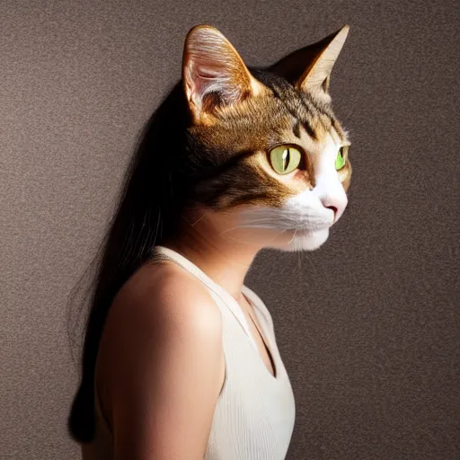 Prompt: professional photography of a cat-headed woman