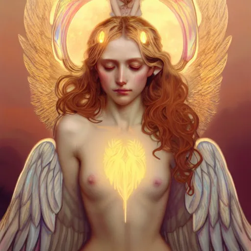 Prompt: Winged girl angel covered in eyes with blonde hair and glowing halo, iridescent, seraphim, fantasy, intricate, elegant, highly detailed, digital painting, artstation, concept art, smooth, sharp focus, illustration, art by Krenz Cushart and Artem Demura and alphonse mucha