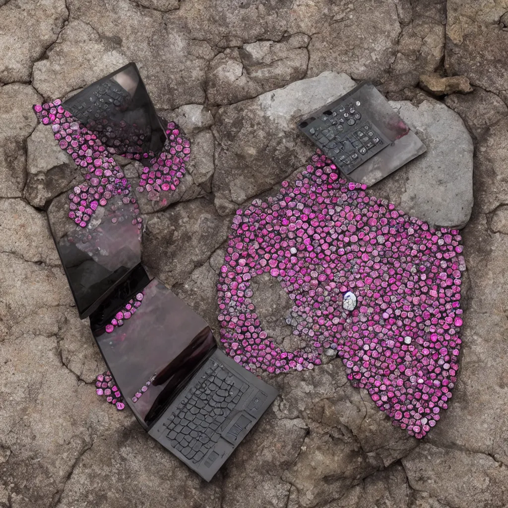 Prompt: Primitive stone computer with pink rhinestones, National Geographic, 8K