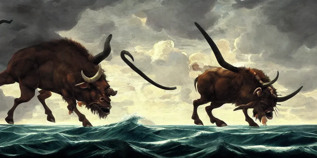 Image similar to Minotaur in Sea, by Caravaggio, studio ghibli, cinematic lighting, intricate, highly detailed, digital painting, trending on artstation, Illustration, epic scale