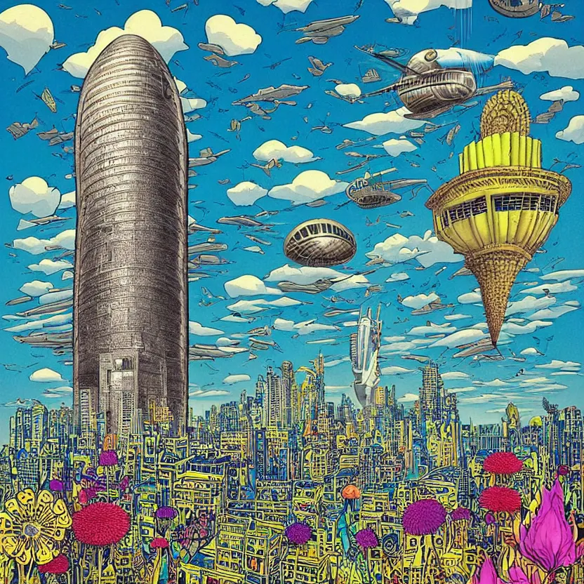 Image similar to surreal glimpse into other universe, mahanakorn tower with airship floating n the sky, summer morning, very coherent and colorful high contrast, art by!!!! joan miroi!!!!, geof darrow, floralpunk screen printing woodblock, dark shadows, hard lighting, stipple brush technique,