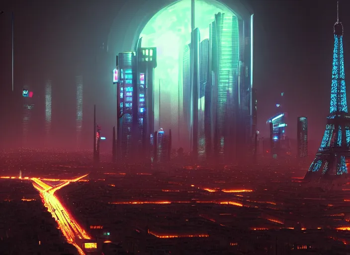Image similar to cyberpunk scifi scene of paris skyline at night, artstation, matt painting, very detailed, maximalism, ambient occlusion, volumetric light, atmospheric haze, unreal engine, hyper realism, realistic shading, cinematic composition, realistic render, octane render, detailed textures, photorealistic, wide shot