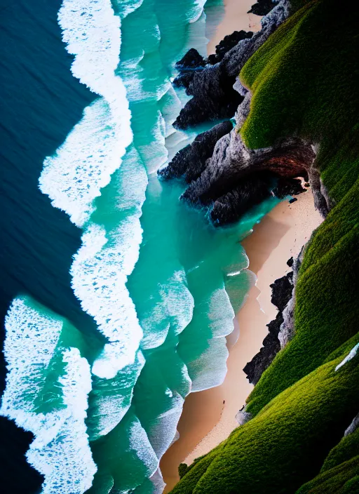 Image similar to a view of the ocean from a cliff, a tilt shift photo by liam wong, unsplash, naturalism, cinematic view, terragen, shot on 7 0 mm