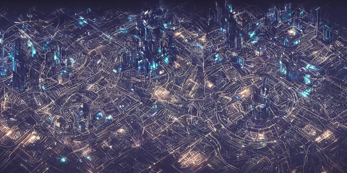 Prompt: A futuristic labyrinth city illuminated at night, detailed, intricate, sci-fi, aesthetic
