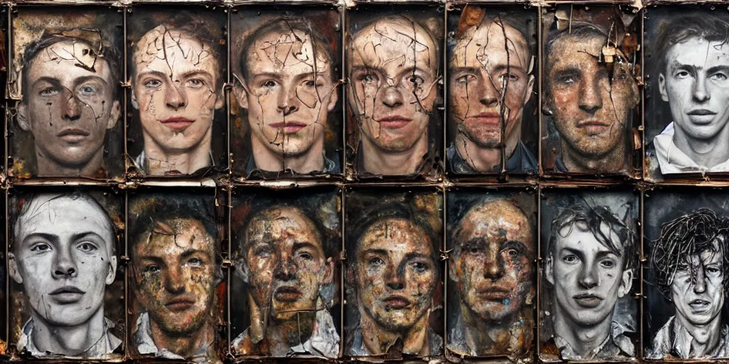 Image similar to a grid of close up portraits of a very ordinary young man with a blank expression, Anselm Kiefer and Lucian Freud and Jenny Saville, tintype, oil painting, rust, Scaffolding, rusted metal and sunflowers, iron cladding, decay, mixed media, textured, anatomically correct, beautiful perfect face, visible brushstrokes, sharp focus, twisted electrical wire, Highly Detailed, nails, photographic emulsion cracked and peeling, Cinematic Lighting, 8k, HD