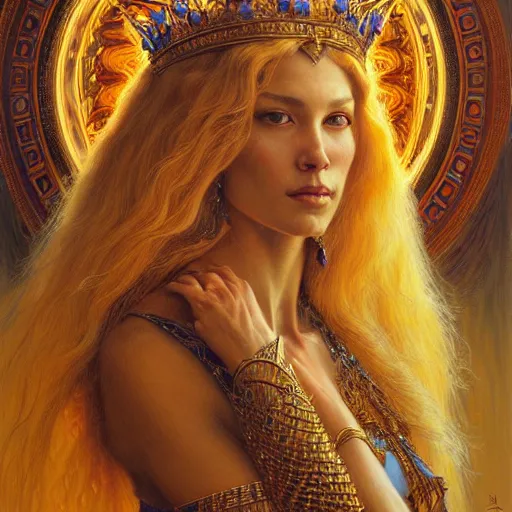 Image similar to highly detailed portrait of a majestic lioness queen in the form of a beautiful woman. d & d. art by donato giancola, george b. bridgman, ruan jia, alberto vargas. trending on artstation, intricate details, energetic composition, golden ratio, concept art, illustration, elegant art, global illuminaition