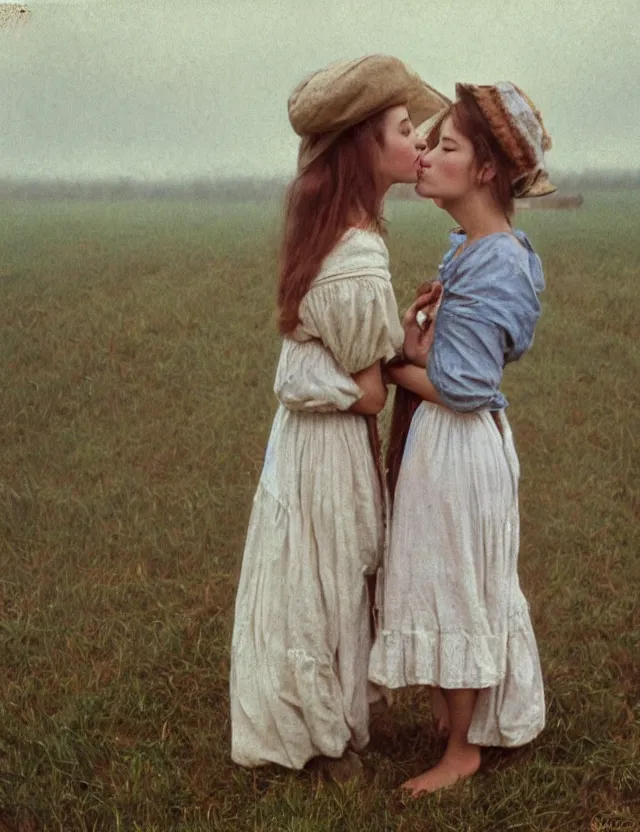 Prompt: peasant girls kissing on a farm, lolita style, Cottage core, Cinematic focus, Polaroid photo, vintage, neutral colors, soft lights, foggy, by Steve Hanks, by Serov Valentin, by Andrei Tarkovsky, by Terrence Malick, 8k render, detailed, oil on canvas