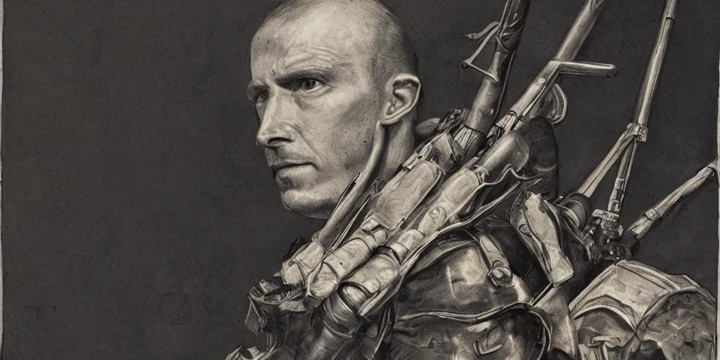 Image similar to realistic portrait of a war hero with his weapons, golden, delicate, facing camera, hyper realism, 1 4 5 0, ink, ultra realistic, 8 k