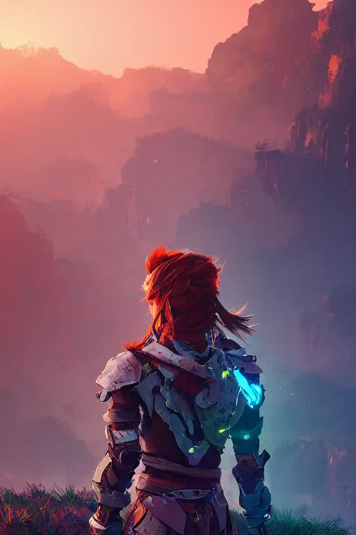 Image similar to combination suit armor aloy horizon forbidden west horizon zero dawn radiating a glowing aura global illumination ray tracing hdr fanart arstation by ian pesty and alena aenami artworks in 4 k tribal robot ninja mask helmet backpack