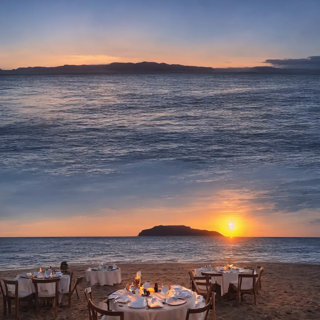 Image similar to professional photo of empty white dish in the middle over a table with a sunset on the beach in the background