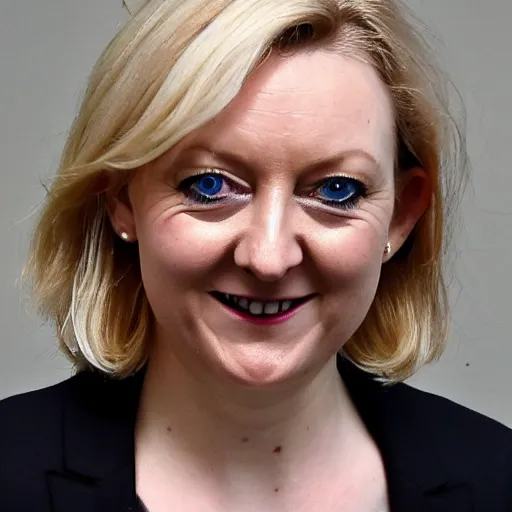 Prompt: A photo of Liz Truss as a reptilian, snake eyes, slit pupils, metallic scales