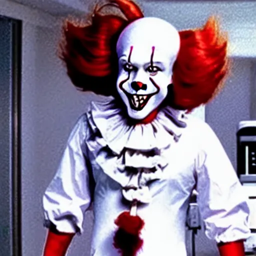 Image similar to a full body photograph of pennywise using a lab coat at a hospital