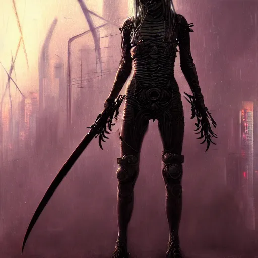 Image similar to a highly detailed long shot photo of cyberpunk female character by ayami kojima, elf, beksinski, giger, elf, wielding scythe, intricate, digital painting, artstation, concept art, smooth, sharp focus, full body