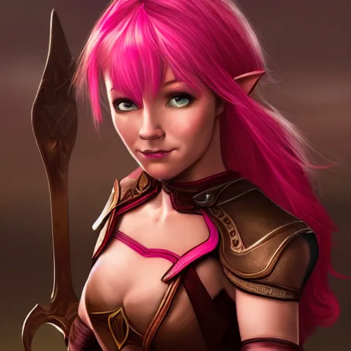 Prompt: beautiful, pink short haired, half elf woman, healer wearing cleric clothing and holding a shield, dungeons and dragons, character portrait, full face render, crimson eye color, 4 k, 8 k, hyper detailed, back lighting
