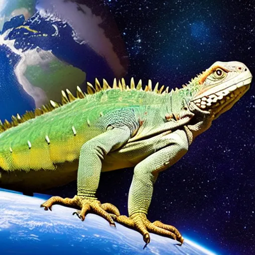 Image similar to a humongous iguana on earth, EARTH, earth, earth outside, outside ,outside in space, space, space