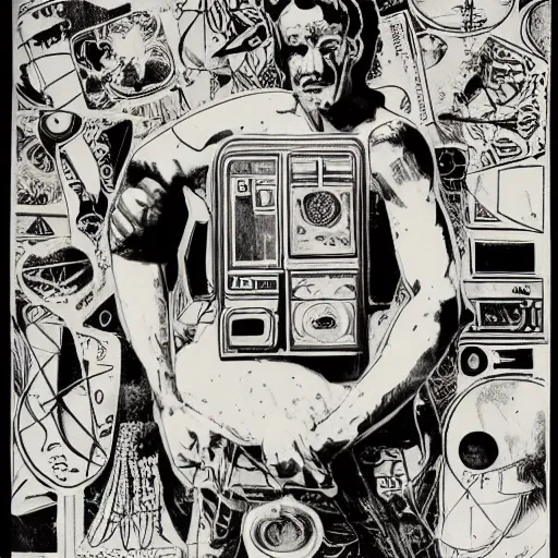 Image similar to 1980 xerox fanzine cutout collage, ancient greek, lunch time on Jupiter, punk party, aquatical plants, painted part by Kilian Eng, part by Leonardo DaVinci, part by Tom of Finland, composition by moebius, 35mm, graflex