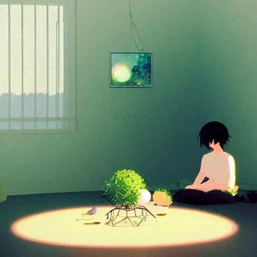 Image similar to incredible, a e s t h e t i c by makoto shinkai kokedama. a beautiful conceptual art harmony of colors, simple but powerful composition. a scene of peaceful domesticity, with a mother & child in the center, surrounded by a few simple objects. colors are muted & calming, serenity & calm.