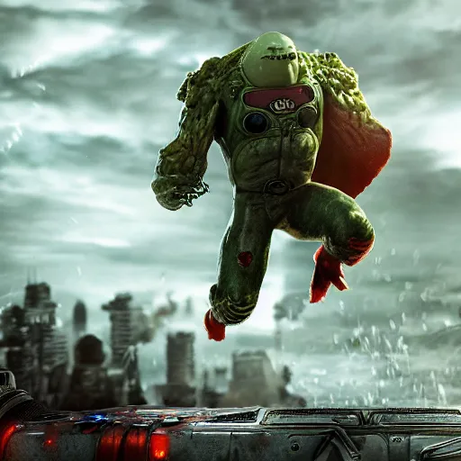 Image similar to pickle rick is flying as superman flying in ( gears of war ), splash art, movie still, detailed face, photorealistic facial features, cinematic lighting, dramatic, octane render, long lens, shallow depth of field, bokeh, anamorphic lens flare, 8 k, hyper detailed, 3 5 mm film grain