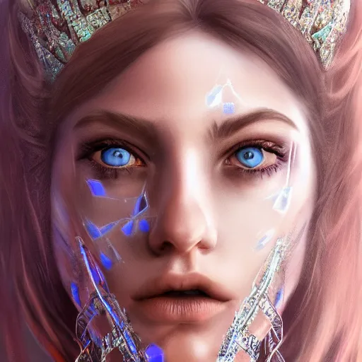 Image similar to ice face fractal jewellery portrait of a woman, inspired by mandy jurgens, fractal crown, light make up, 4 k, high detailed, illustration