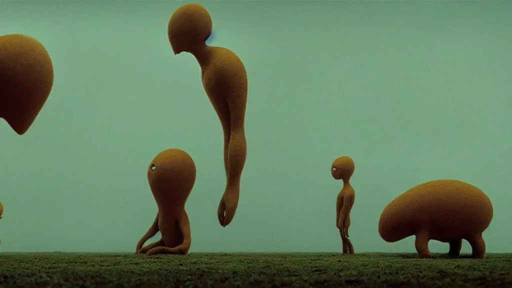 Image similar to the strange creature, made of milk and cheese, they look at me, film still from the movie directed by denis villeneuve and david cronenberg with art direction by salvador dali and zdzisław beksinski