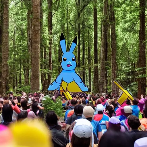 Image similar to photograph of a group of people worshipping a giant pikachu in a forest