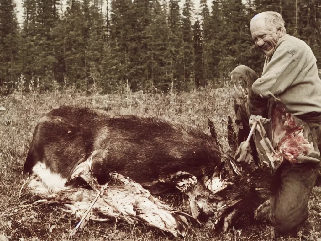 Prompt: happy finnish grandpa gutting a freshly killed moose and smiling to the camera, 1 9 6 6, home album pocket camera photo, detailed facial features, hyper realistic