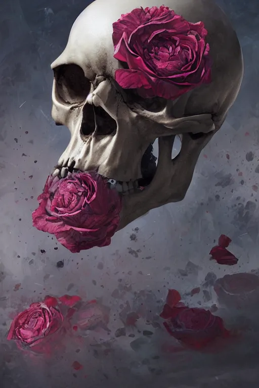 Prompt: skull bust, concept art, technology vs nature, bulletshoot on the left side, roccoco roses explosion of the skull on the right side, photorealistic by michael komarck, greg rutkowski, victo ngai, artgerm, willem claesz heda and j. dickenson