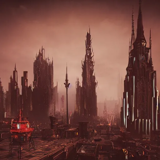 Image similar to octane render of a gothic city with an overcast sky, tall spires, steampunk, cyberpunk, high - definition, alienating, imposing, imperious, malevolent, moody, landscape, distant, vast, cityscape, skyline, neon, glowing, flying vehicles, long shot, timelapse, 4 0 k, warhammer 4 0 0 0 0, zdzisław beksinski