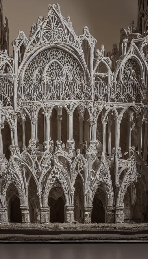 Prompt: a stunningly detailed architectural model of a colonnade courtyard with rusticated shiny white arches that looks like a gothic cathedral. A diorama on display in a museum vitrine. Transparent glowing gills. Neon effect. The interior looks like heaven, awe, wow, highly detailed, product photography, well lit, 8k