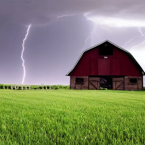 Prompt: A horrible thunderstorm overtop a field with a barn