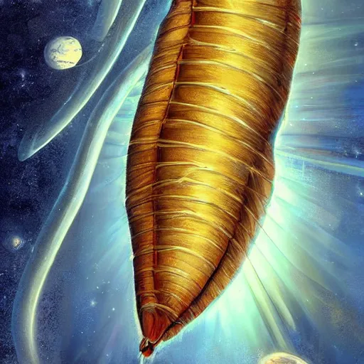 Prompt: a giant beautiful chrysalis hanging inside a space station, fantasy art