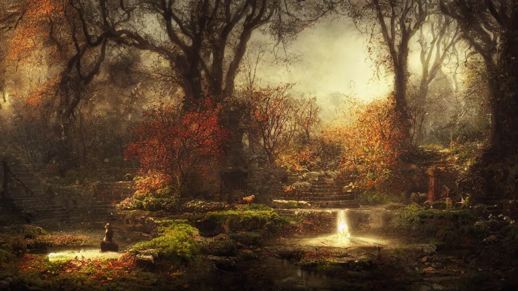 Image similar to autumn in the secret garden. a tiny fountain statue is frozen. andreas achenbach, artgerm, mikko lagerstedt, zack snyder, tokujin yoshioka