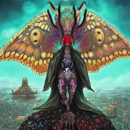 Image similar to A centered chest up portrait of a psychedelic godlike mothman with giant mandala wings smoking a hand-rolled cigarette smoking heavily , magic mushroom village in background , award winning. superb resolution. in the art style of junji Ito and greg rutkowski . Detailed Mushroom city in background. Hyper realistic anime. Perfect art. Dalle2