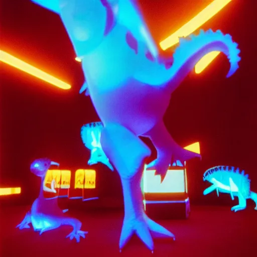 Image similar to electric blue glowing baby dinosaurs in tron movie, cinestill