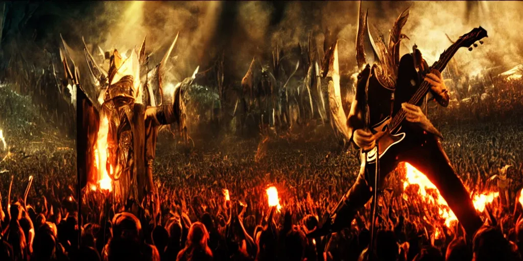 Prompt: Sauron playing guitar in a rock concert to a crowd of 5000 orcs in Mordor, epic, realistic, 8k resolution, detailed, cinematic lighting, cinematic