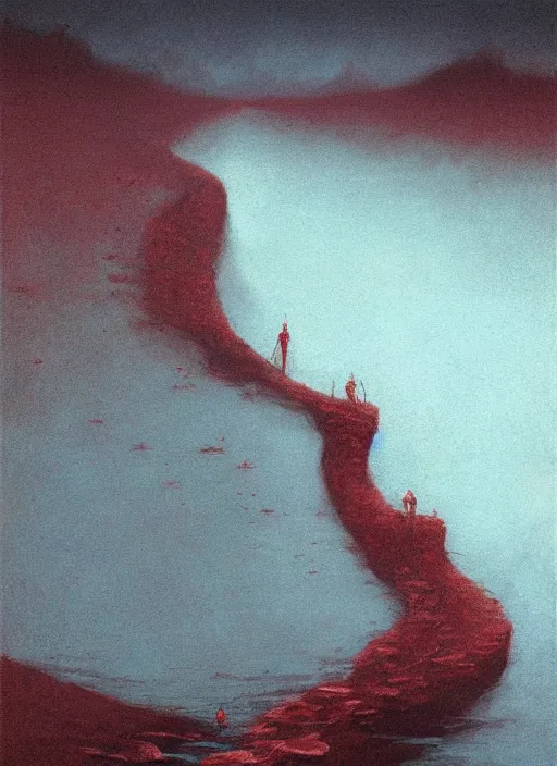 Image similar to dead river, dead fish, poland, red color, highly detailed, 8 k, artstation, beutifull, masterpiece by beksinski