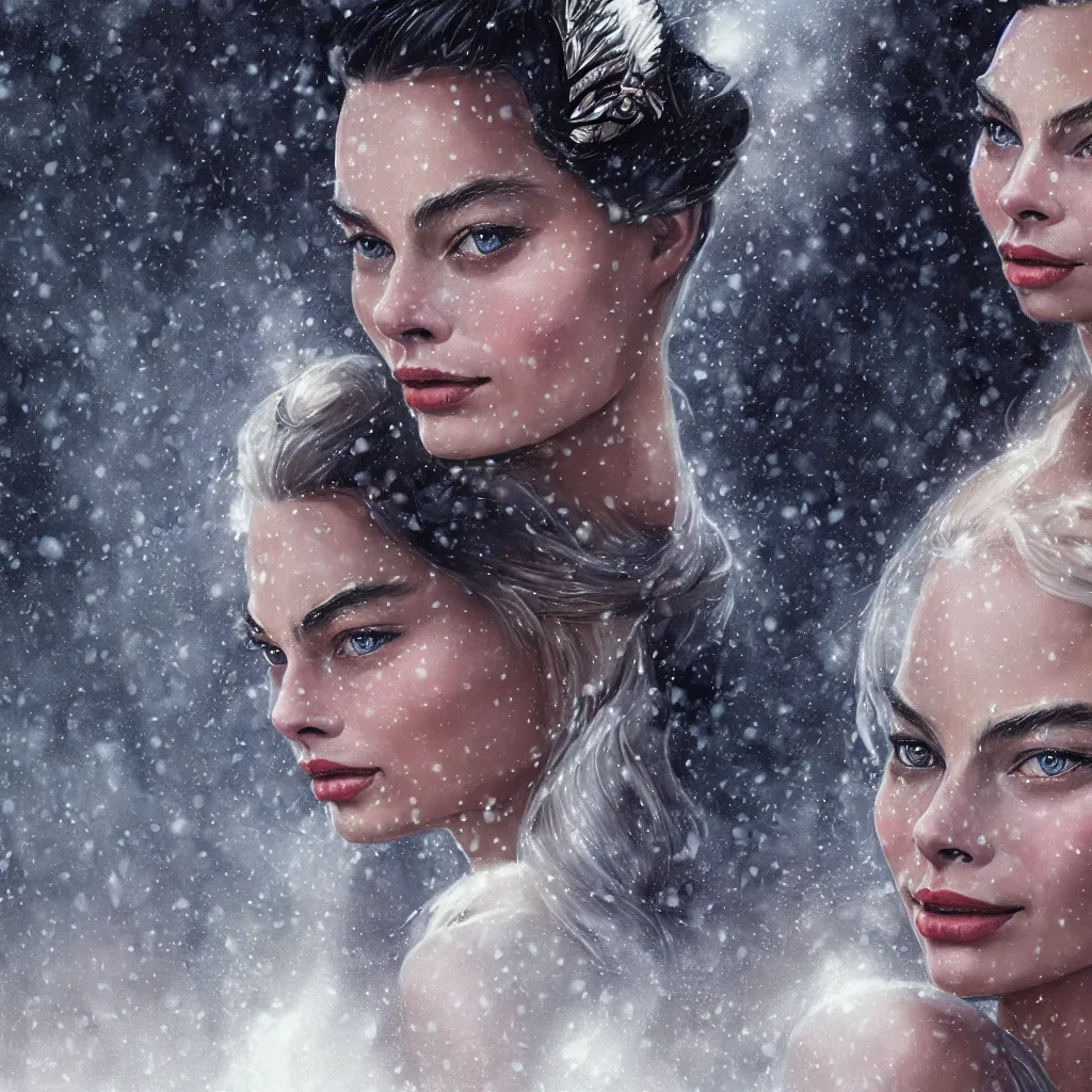 Prompt: a beautiful ultradetailed fantasy character portrait of margot robbie as a geisha wielding a sword by zach sutton and charlie bowater, catchlight in the eyes, trending in behance, close up portrait photo, bokeh, 4K, during snowfall