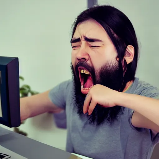 Prompt: Weeaboo screaming at the computer, male, ponytail and beard, realistic photo