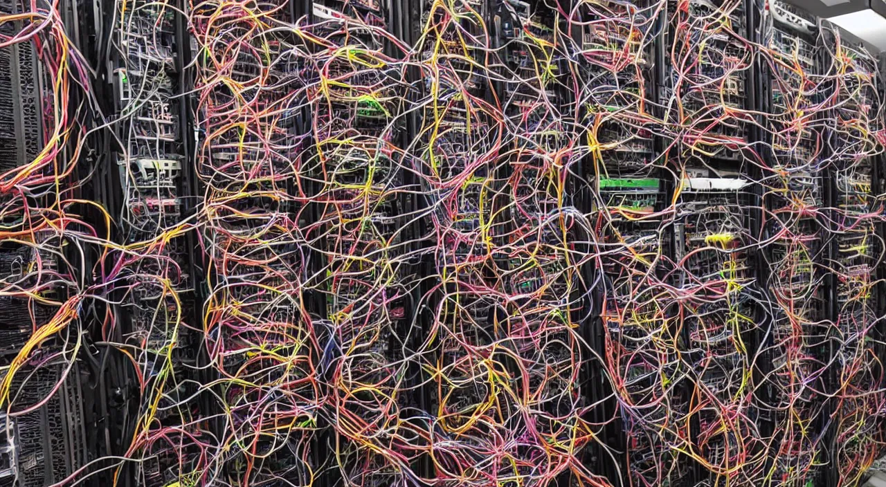 Prompt: broken corrupted server rack computer crypto mining data center servers equipment red, magenta, orange, yellow, pink, purple color coded wires and cables, blinking led status lights and indicators, chaotic 5 5 mm photography detailed footage