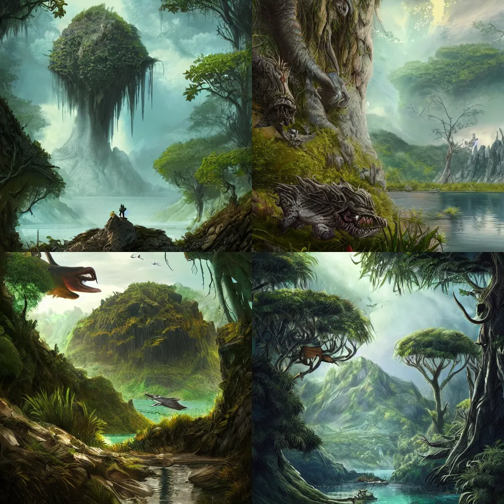 Prompt: fauna in a fantastic landscape on an alien jungleworld, dark fantasy, monsters, lakes, castles, artstation