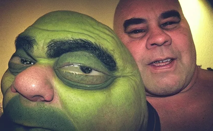 Image similar to my uncle that look like shrek if he was real accidentally taking a selfie, front camera, camera flash is so bright in his face, viral, selfie, viral on twitter, viral on instagram, viral photo