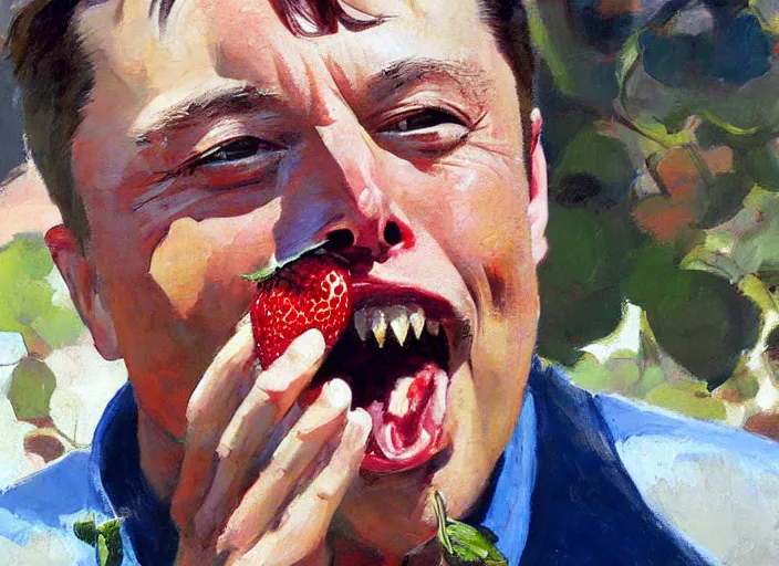 Image similar to a highly detailed beautiful portrait of elon musk eating strawberry, by gregory manchess, james gurney, james jean