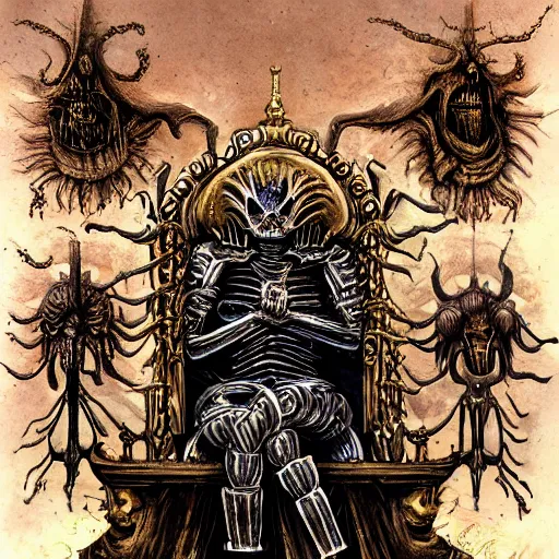 Image similar to illustration. the corpse emperor on his golden throne. 4 0 k. body horror. in the style of giger.