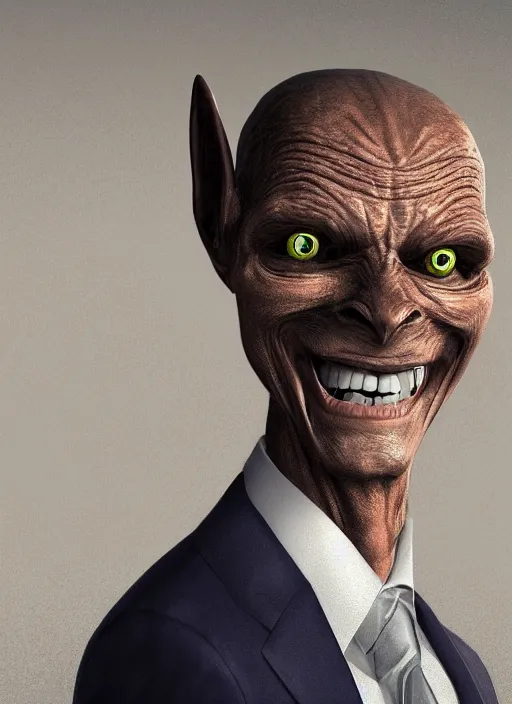 Image similar to a hyper realistic portrait of a smiling male alien in a suit for advertisement, artstation