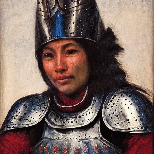 Prompt: head and shoulders portrait of a female knight, quechua!!, cuirass, tonalist!!, symbolist, realism, chiaroscuro, baroque, indigo and venetian red, grisaille, detailed, raven, modeled lighting, vignetting, smiling