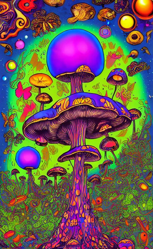 Prompt: psychedelic mushrooms, enchanted alien world, mushrooms on the ground, aliens, galaxy in the sky, butterflies, occult, illuminati, third eye, rainbows, bright colors, psychedelic, fish eye lens, vector art, bla bla bla, stuff and things, fantasy poster by helen huang and frank frazetta and salvador dali and norman rockwell, anime style