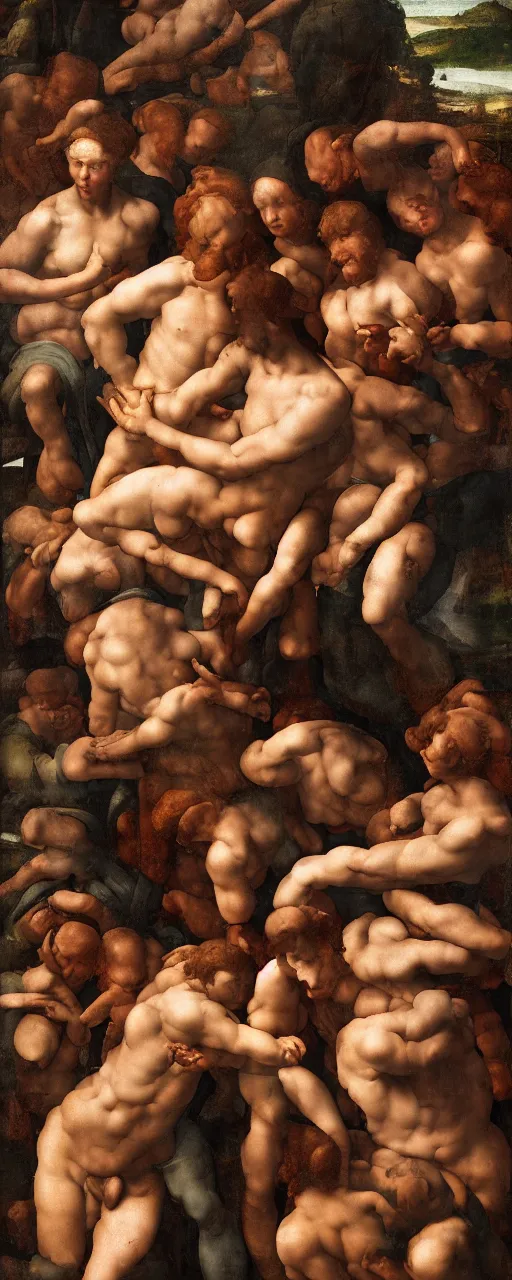 Prompt: hard rain pouring straight down, morning light, a hundred human figures smiling, renaissance painting by Michelangelo, 8k, Trending on artstation, detailed.
