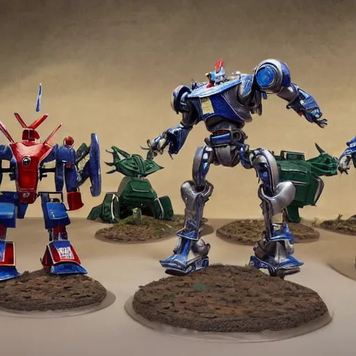 Image similar to giant robots fighting in a U.N. sanctioned battle to resolve a land dispute in the style of the movie robot jocks, miniatures
