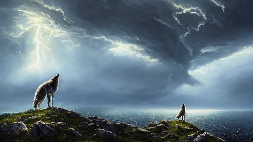 Prompt: A wolf standing on the edge of a grassy cliff looking out towards an underwater nuclear explosion, birds flying away from explosion, sunlight shining through storm clouds, mind-bending geometry, explosive shockwaves rippling across sapphire waters below, 4k, trending on Artstation, award-winning, dramatic painting, art by Greg Rutkowski, by Studio Ghibli