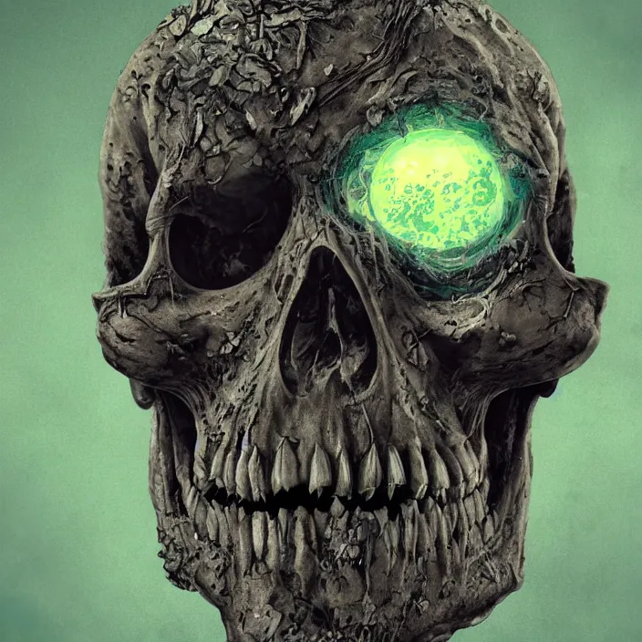 Image similar to portrait of a radioactive skull. razor sharp teeth. infected with zombie fungus. intricate abstract. intricate artwork. nightmare fuel. by Tooth Wu, wlop, beeple, dan mumford. octane render, trending on artstation, greg rutkowski very coherent symmetrical artwork. cinematic, hyper realism, high detail, octane render, 8k, iridescent accents